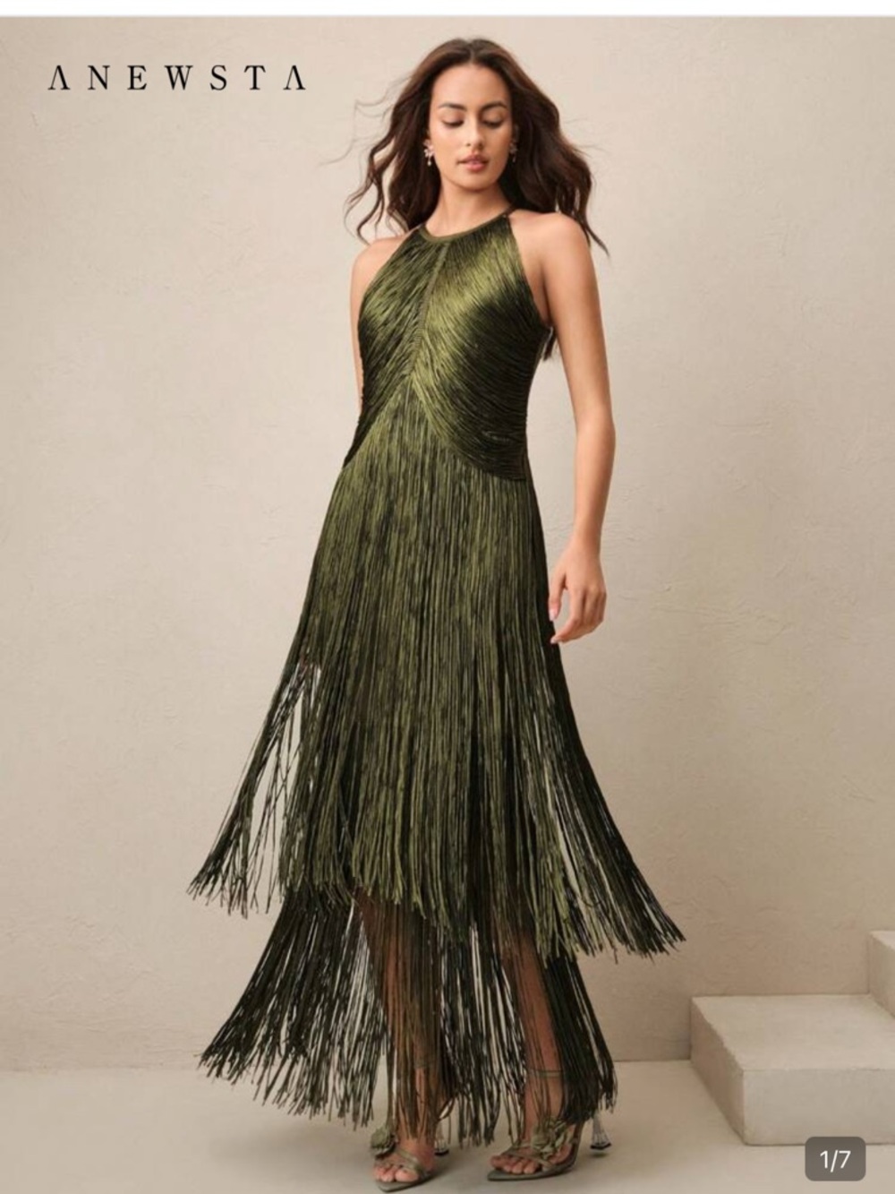 Anewsta Olive Fringe Halter High-Low Dress